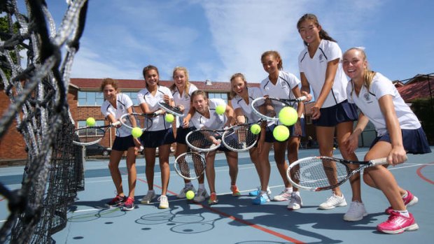 Aiming high: Meriden Girls School's bronze medal-winning world championship-winning tennis team.