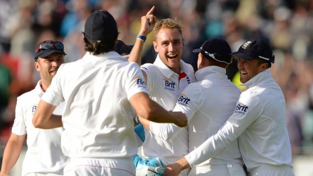 Got him: England's Stuart Broad celebrates after taking the wicket of Brad Haddin during the fourth day of the fourth Ashes Test in Durham.