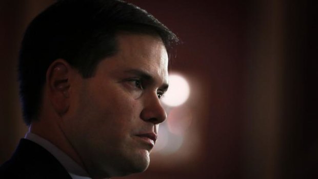 US Republican Senator Marco Rubio pauses as he addresses an event held by the American Enterprise Institute in Washington, DC. 