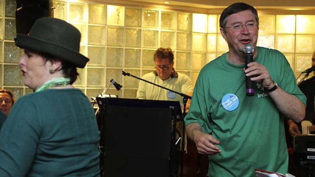 Ideal frontman  ... Greg Smith  at a Liberal Party fund-raiser in a Sydney CBD bar on St Patrick’s Day.