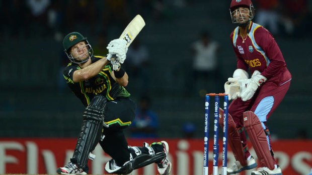 Shane Watson of Australia hits six runs during the ICC World Twenty20 match between Australia and the West Indies on September 22.