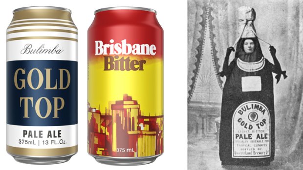 The re-released cans of Bulimba Gold Top and Brisbane Bitter; and a 1900 advertisement for Bulimba Gold Top.