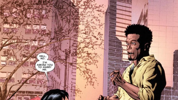 Artwork from Marvel Comics "Astonishing X-Men #50." Jean-Paul Beaubier, aka Northstar, proposes to his longtime boyfriend Kyle Jinadu in the issue.