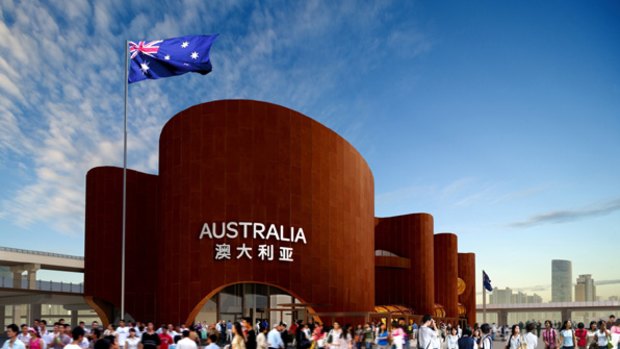 Oxidised steel monolith … the Australian pavilion at the Expo.