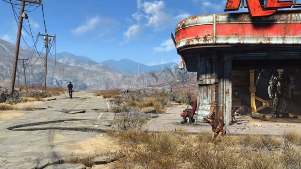 The presumed player character, a friendly dog and a garage featuring a set of power armour is seen in this still from the trailer.