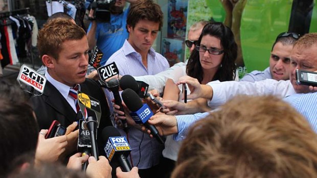 Remorseful ... Todd Carney faces the press yesterday after his three-hour meeting with David Gallop.