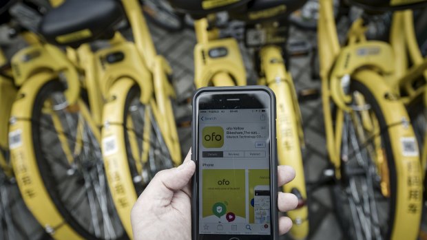 The Ofo bike sharing app is seen on a smartphone.