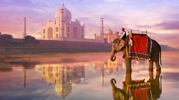 Wonder ... an elephant and rider in the Yamuna River next to the Taj Mahal.
