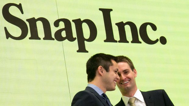 Snapchat co-founders Bobby Murphy (left) and CEO Evan Spiegel at the NYSE when the company launched on to the market. 