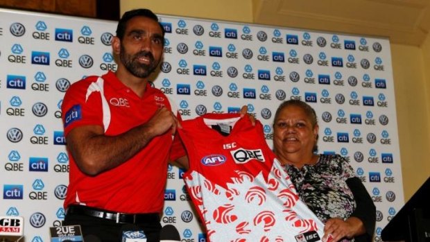 Sydney Swans Adam Goodes and his mother Lisa Sansbury unveil the clubs first ever Indigenous Round guernsey designed by Sansbury in Sydney
