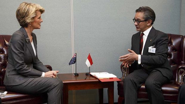 Australian Foreign Affairs Minister Julie Bishop meets with her Indonesian counterpart, Marty Natalegawa, in New York on Monday.