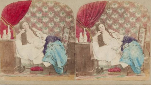 A stereograph view of a semi-clad woman, believed circa 1860s.