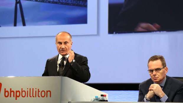 Chairman Jac Nasser addresses shareholders at the BHP AGM, Perth WA, and CEO Andrew MacKenzie at his side on November 19, 2015. 