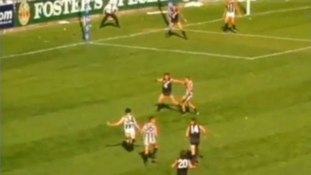 Mick McGuane is about to slot the goal after seven bounces against Carlton in 1994.