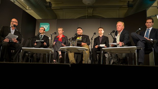 Andrew Holden moderates a forum of candidates for the seat of Melbourne, Adam Bandt (Greens), Cath Bowtell (ALP), James Mangisi (Australian Sex Party), Michael Bayliss (Stable Population Party), Royston Wilding (Secular Party), and Sean Armistead (Liberal Party).