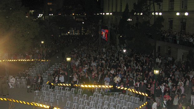 A crowd gathers in Brisbane's Anzac Square for this morning's dawn service.