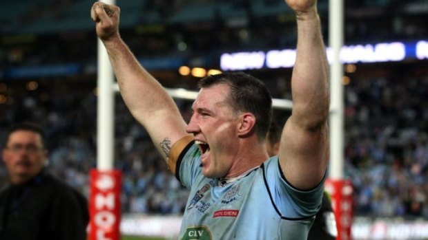 Finally: Paul Gallen salutes the crowd after the Origin II win over the Maroons.