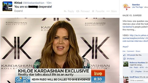 Khloe Kardashian has labelled Seven's early morning show <i>Sunrise</i> 'desperate' after a stoush over pulling the pin on her live interview.