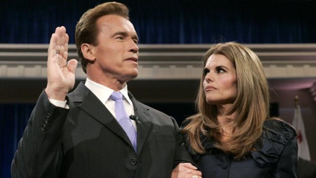 Arnold Schwarzenegger is joined by his wife Maria Shriver while being sworn into office as California Governor for a second term in January 2007.