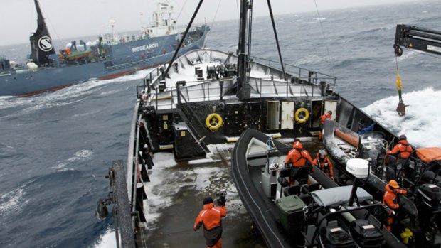 Japanese whaling vessel Yushin Maru No. 2 crosses the bow of Sea Shepherd's Steve Irwin in the Southern Ocean on Saturday.
