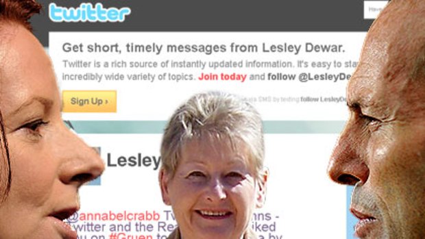 Julia Gillard and Tony Abbott would be wise to woo Twitter queen Lesley Dewar. <I>Graphic: Liam Phillips</i>