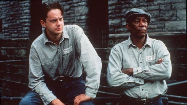 Fiction by Stephen King ... Tim Robbins as prisoner Andy Dufresne, left, and Morgan Freeman as fellow inmate Ellis Boyd 'Red' Redding in <i>The Shawshank Redemption</i> (1994).