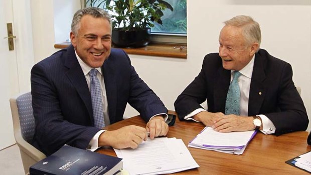 Treasurer Joe Hockey with the chairman of the Commission of Audit Tony Shepherd, who will be paid $1500 a day by the government.