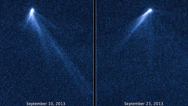 This NASA Hubble Space Telescope set of images reveals a never-before-seen set of six comet-like tails radiating from a body in the asteroid belt, designated P/2013 P5.