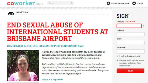 The online petition against sexual abuse at Brisbane Airport, featuring a photograph of the petitioner.