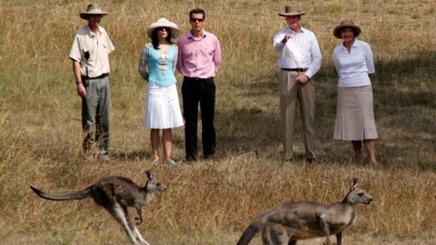 Denmark's Crown Prince Frederik (C) and his wife Princess Mary (2nd-L) are accompanied by Australia's then governor-general Michael Jeffery (2nd-R) and his wife, Marlena (R), as they look at kangaroos during a walk in the grounds of the Government House in Canberra March 9, 2005.