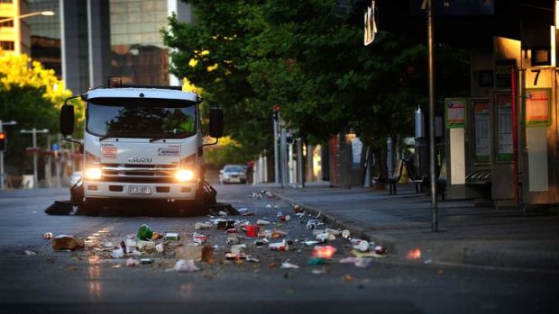 The early morning clean up in Canberra's CBD, post-New Years Eve celebrations.