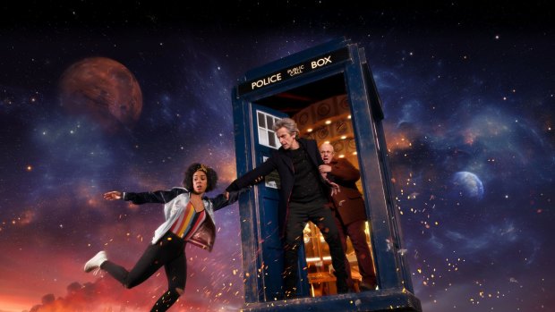 Bill (Pearl Mackie), The Doctor (Peter Capaldi), and Nardole (Matt Lucas) in Doctor Who.