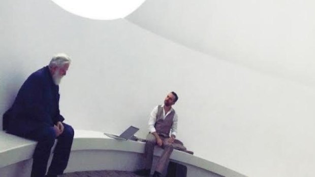 James Turrell with Robert Curgenven in Kernow Tewlwolow Skyspace at the  Tremenheere Sculpture Gardens, Cornwall, UK.