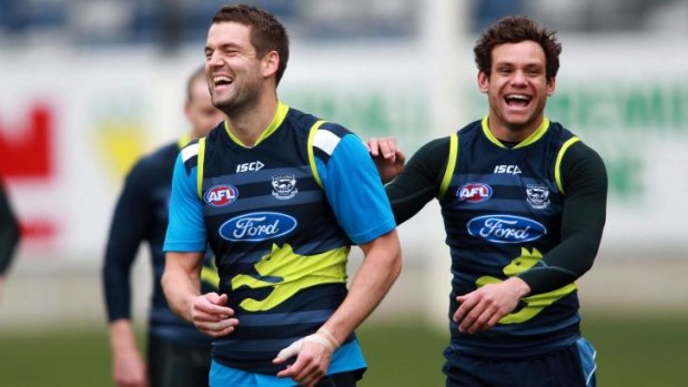 Jared Rivers and Steven Motlop at a training session on Tuesday.