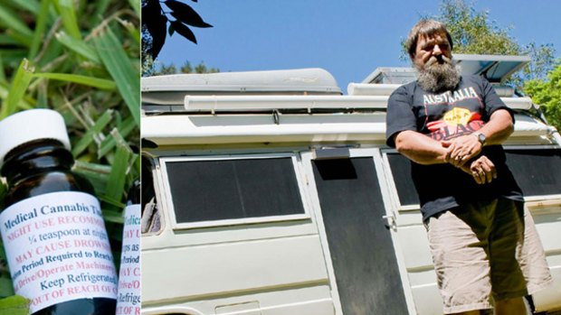 Crusade ... Tony Bower supplies his medical cannabis tincture (left) from the back of his van to chronically sick customers seeking relief from their pain.