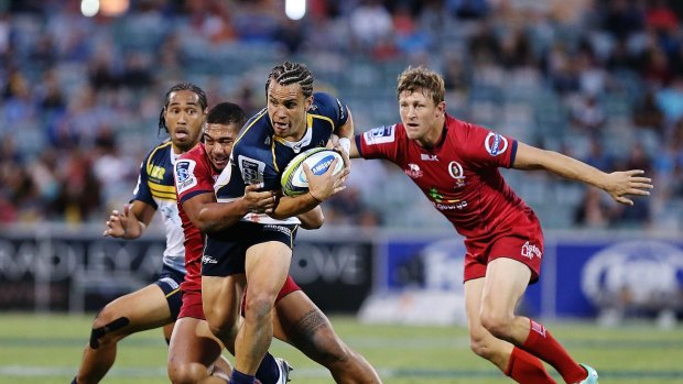 Brumbies flyhalf Matt Toomua takes on the line in the 47-3 win against the Queensland Reds in round one. The Brumbies face the Reds in Brisbane on Saturday night.
