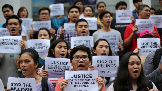 Filipino student activists call for justice for victims of extrajudicial killings during a rally at the University of the Philippines in suburban Quezon last year,