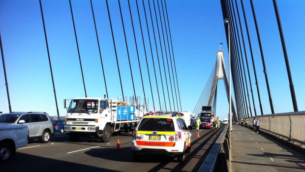 Traffic banks up after several lanes on the Anzac Bridge were closed following an accident.