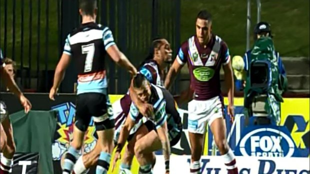 Manly enforcer Martin Tapau's high tackle on Cronulla's Jack Bird.