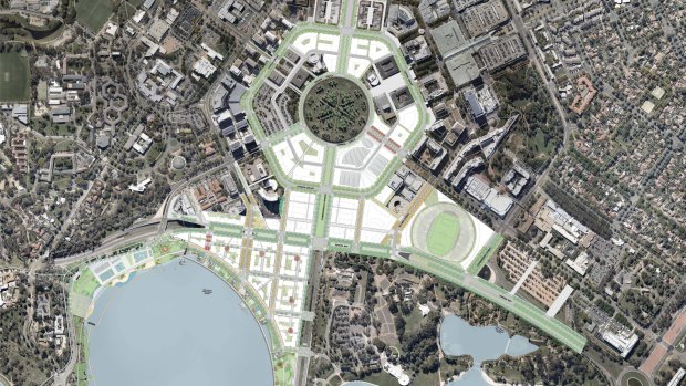 An aerial diagram of the City to the Lake development area. Questions remain as to whether the Parkes Way/Coranderrk Street roundabout will have to be moved before UNSW redevelops a Constitution Avenue car park. 