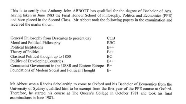 Tony Abbott's academic transcript from The Queen's College, Oxford.