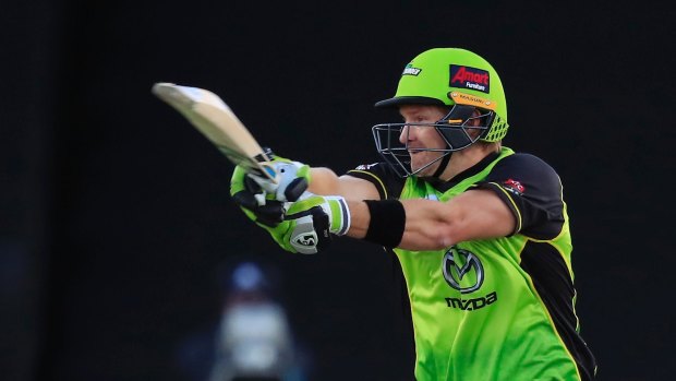Letting rip: Shane Watson hits out for the Thunder as they Sydney side posted 5-166 in Launceston.
