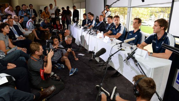 Australian members of Australia's much-hyped men's Olympic swim relay team speak at the press conference after owning up to taking Stilnox sleeping tablets at a pre-Games camp.