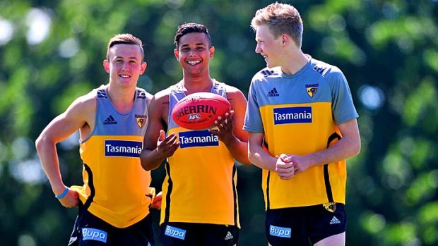 Hawthorn football clubs new draftees: L/R: Billy Hartung, Dayle Garlett and James Sicily.