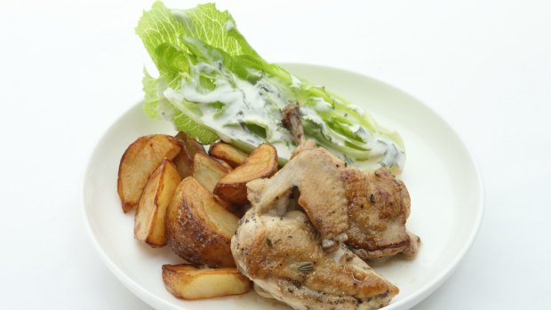 Lemon grilled spatchcock with rosemary roast potatoes and anchovy dressing.