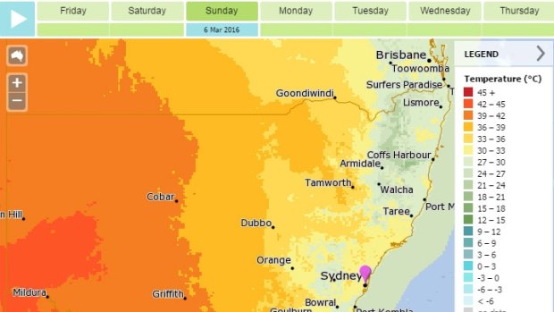 The daily maximum temperature forecast for Sunday across NSW. 