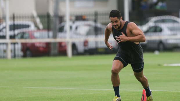In full flow: Jarryd Hayne trains at Coogee Oval on Friday.