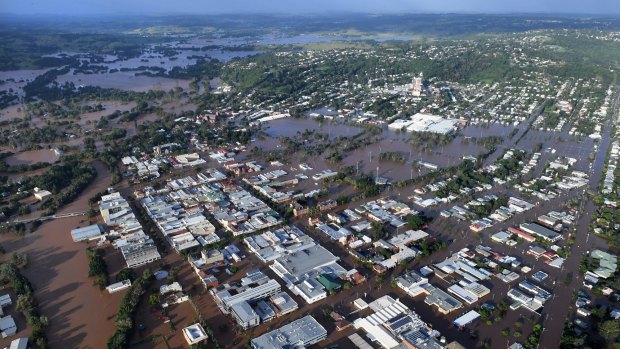Floodwaters engulf the central business district of Lismore.