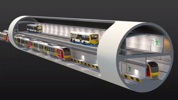 The planned Brisbane Underground Bus and Train (UBAT), announced by the state government, will feature a double decker design with trains on the bottom and buses on top.
