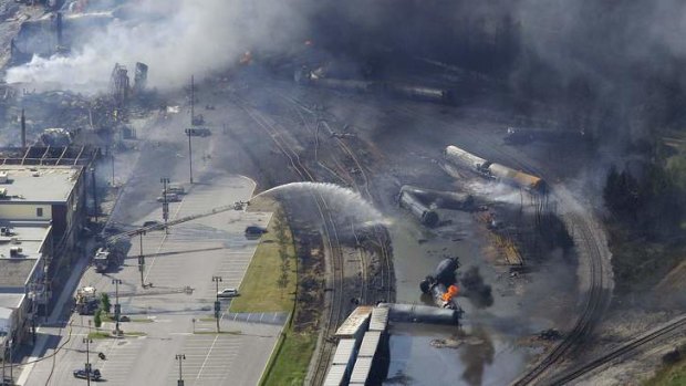 The wreckage of a train is pictured after an explosion in Lac Megantic, Quebec that destroyed dozens of buildings.